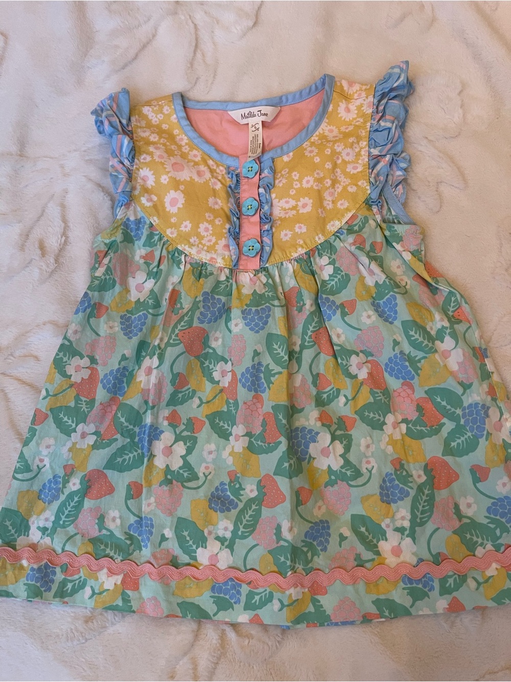 Matilda Jane Yellow Floral Dress with Pink Placket and‎ Blue Trim Size 6
